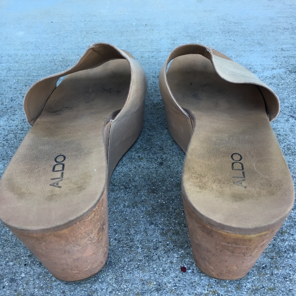 ALDO Tan Leather Slide On  Platform Wedge Sandals - Picture 2 of 8